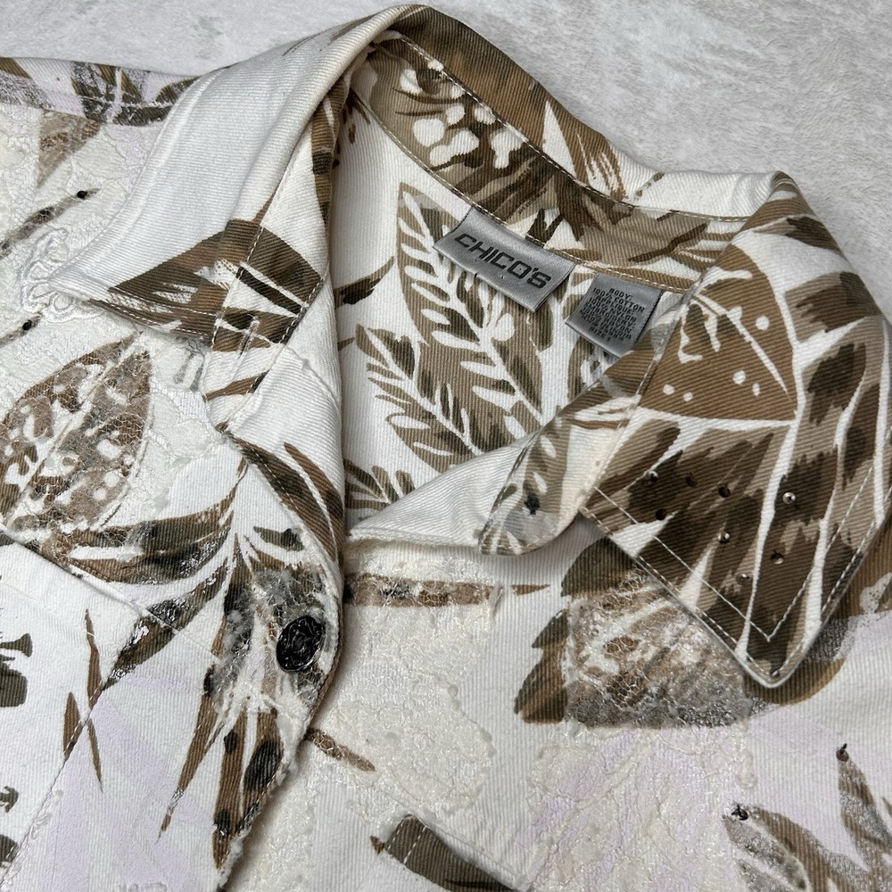 Chico's Womens Size 1 (S) Dress Coat Jacket Button Up Lace Embroidery Palms Lace